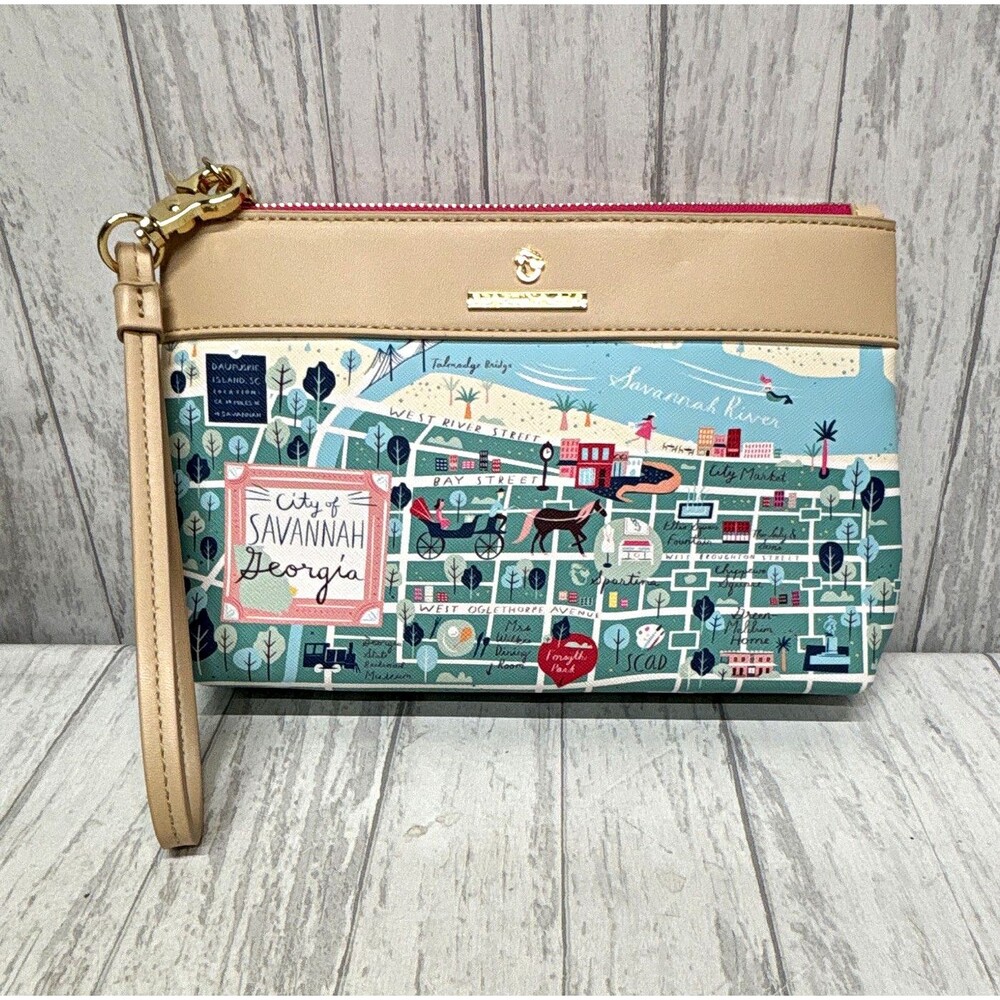 Spartina 449 Savannah Georgia Map Print Wristlet Pouch Zip Beige Multicolor